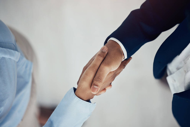 Business meeting, handshake and business partnership hands in support of teamwork, collaboration and welcome. Thank you, shaking hands and b2b interview for deal, success and vision on mission above. - Fotoğraf, Görsel