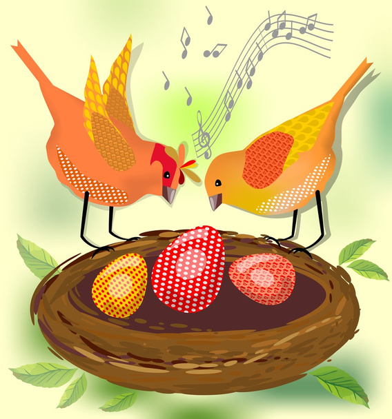 Tavaszi motívum, a két éneklő madarak által fészek tojással - Vektor, kép