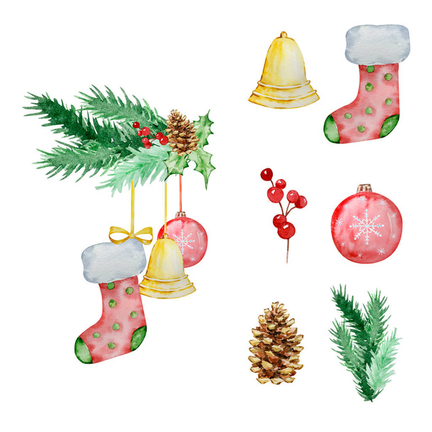 Akvarell karácsonyi illusztráció, koszorú fenyő ágak karácsonyi zokni a téli design - Fotó, kép
