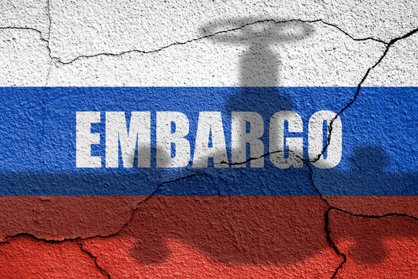 Bandeira da Rússia pintada em uma parede com gás, sombra de tubo de óleo. Embargo e sanções por agressão militar - Foto, Imagem