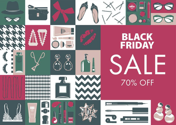 Offers and sales on black friday, clearance and reduction of price. Discounts up to seventy percent cheap cost for accessories and clothes. Promotional banner or advertisement. Vector in flat style - Wektor, obraz
