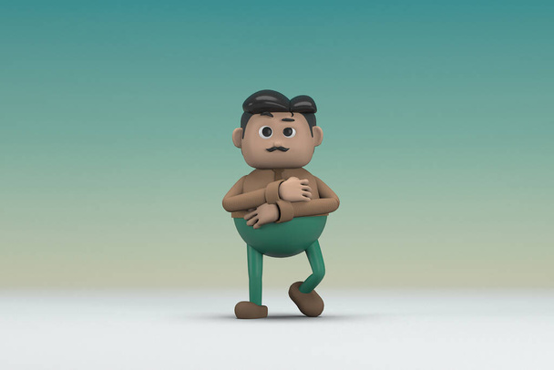 El hombre con bigote con una camisa larga marrón pantalones verdes. Él es la expresión del cuerpo y la mano al hablar. 3d ilustrador de personaje de dibujos animados en la actuación. - Foto, imagen