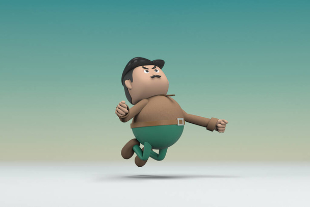 Muž s knírkem v hnědých dlouhých košilových zelených kalhotách. On skáče. 3D ilustrátor kresleného postavičky v herectví. - Fotografie, Obrázek
