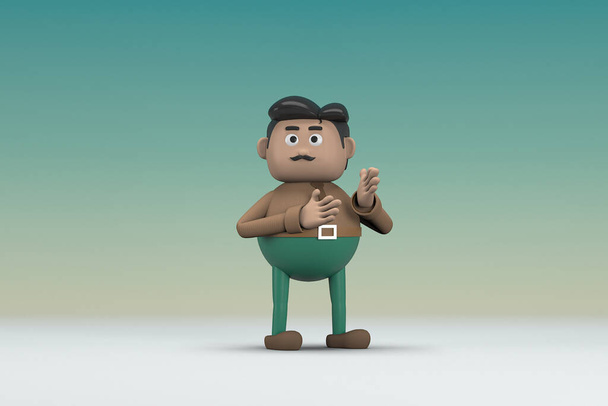 A bajuszos férfi barna, hosszú ingzöld nadrágban. A test és a kéz kifejeződése, amikor beszél. 3D-s illusztrátor rajzfilm karakter színészi. - Fotó, kép