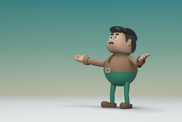 The man  with mustache wearing a brown long shirt green pants.  He is expression  of body and hand when talking.  3d illustrator of cartoon character in acting. - Photo, Image
