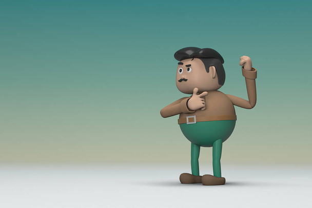 Kahverengi uzun gömlek ve yeşil pantolon giyen bıyıklı adam. O, konuşurken vücudunun ve elinin ifadesidir. Oyunculuktaki çizgi film karakterinin 3d çizimi. - Fotoğraf, Görsel