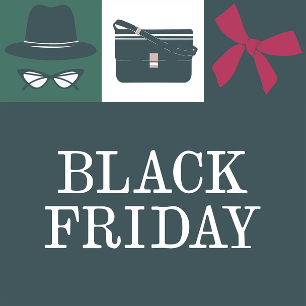 Black friday special sale and offers for clients. Accessories and clothes, women purse and hat with glasses. Ribbon bow for present or gift. Promotional banner for advertisement. Vector in flat style - Вектор,изображение