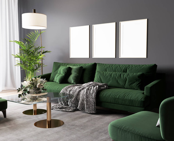 Luksusowy projekt ciemnego salonu, zielone meble na szarej ścianie w nowoczesnym stylu, 3d renderowania - Zdjęcie, obraz