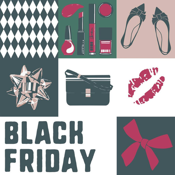 Black friday discounts and sales. Fashion and beauty, ribbon bows and women purse, shoes and pattern of cloth. Cosmetics and makeup. Promotional banner or advertisement. Vector in flat style - Vektör, Görsel
