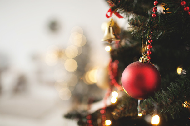 Decorated Christmas tree with toy and copy space - Zdjęcie, obraz