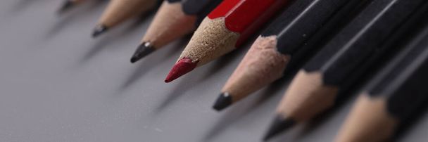 黒い鉛筆の列の間の1つの赤い鉛筆のクローズアップ。群集から目立つ,他の人や個性の概念とは異なり、 - 写真・画像