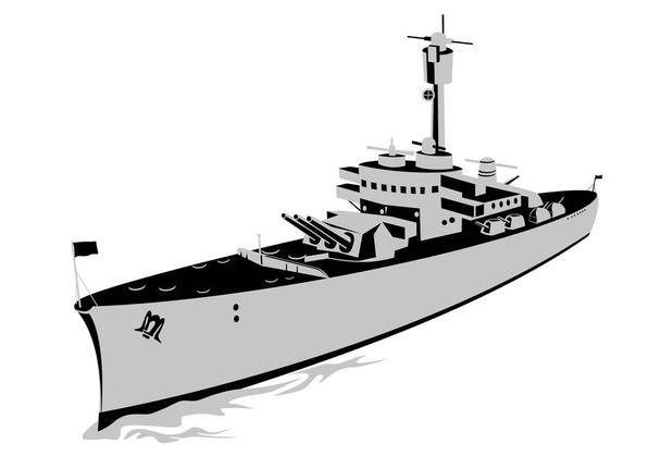 Kuva toisen maailmansodan torpedoveneen hävittäjästä, Fletcher-luokasta tai tinapurkista merellä katsottuna korkean kulman antenninäköalasta retro-tyyliin tehdystä eristetystä taustasta. - Vektori, kuva