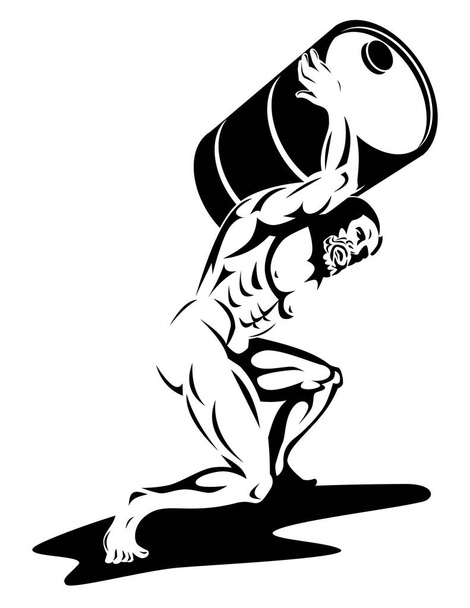 Иллюстрация Атласа, несущего бочку масла на задней части плеча, рассматриваемого спереди на изолированном фоне, выполненном в стиле ретро - Вектор,изображение