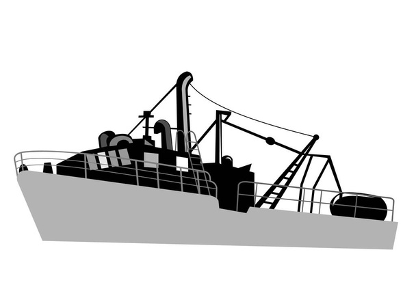 Εικονογράφηση αλιευτικού σκάφους αντίκα, εμπορικού αλιευτικού σκάφους ή μηχανότρατας στη θάλασσα, από την πλευρά του σε απομονωμένο φόντο, σε στυλ ρετρό. - Διάνυσμα, εικόνα