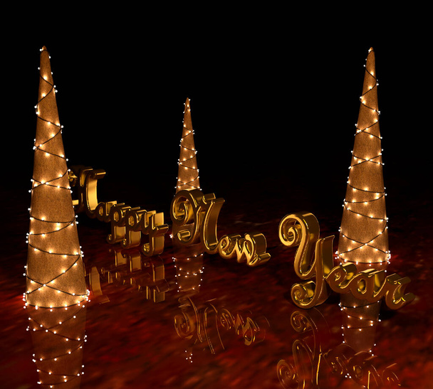 Boldog új évet arany szöveg karácsonyfákkal sötét háttér - 3d renderelés - Fotó, kép
