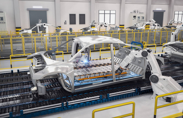 Automatizace automobilky koncept s 3D vykreslování robot montážní linka s elektrickým automobilu baterie modul na platformě - Fotografie, Obrázek