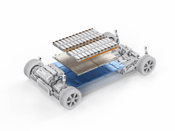 3D рендеринг электромобиля с блоком батареек на платформе - Фото, изображение