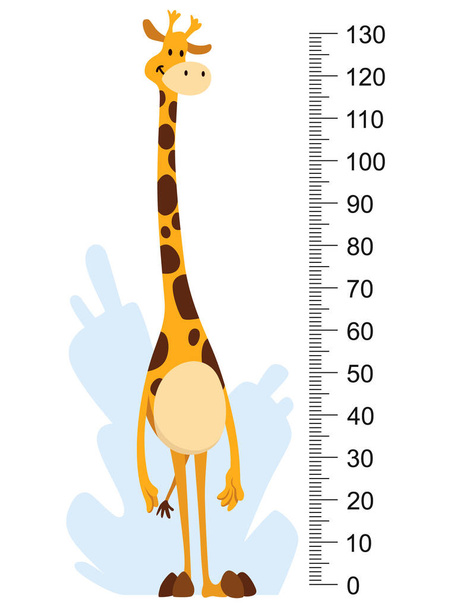 Büyüme cetvel grafiğiyle boy ölçüsü, sevimli zürafa hayvanlarıyla birlikte. Komik çocuklar ölçer, büyümeyi ölçmek için duvar ölçeği 0 ile 130 santimetre arası. Çocuk odası duvar etiketi iç dekorasyon olarak kullanılıyor. - Vektör, Görsel