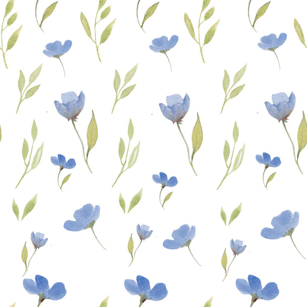 Padrão sem costura aquarela com flores azuis abstratas. Ilustração floral desenhada à mão isolada sobre fundo branco. Para embalagem, design de embalagem ou impressão. Vetor EPS. - Vetor, Imagem