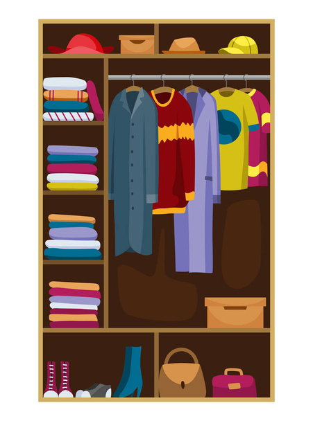 Clothes wardrobe room full of woman clothes. Furniture with shelves for accessories. Boutique interior design concept. Flat style vector illustration. - Вектор, зображення
