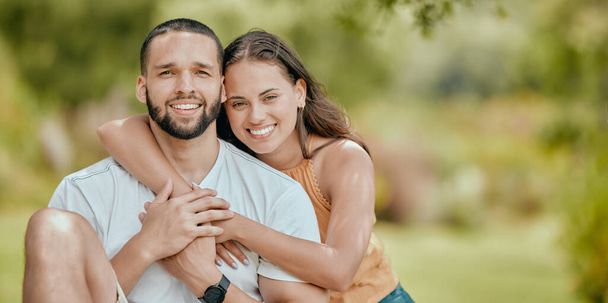 Couple, hug and love together in park, outdoor bonding portrait and happiness with care in nature. Mexican man, woman and happy mockup, relationship and spending quality time with hugging - Photo, Image