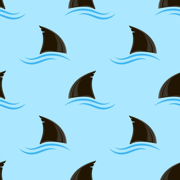 Shark Fin Silhouette Icon and Blue Waves Isolated on Blue Background. Seamless Pattern. - Photo, Image