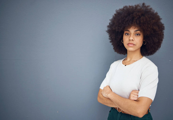 Portrait of serious black woman with mockup, studio background and advertising space or product placement. Strong, confident and proud afro woman, small business or startup marketing company owner - Photo, Image