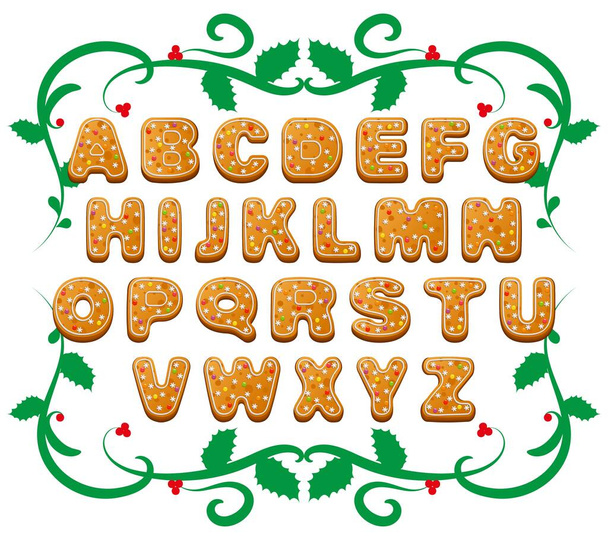 Decorative Christmas alphabet. Font of gingerbread with icing. Vector set of decorative letters for winter holidays design. - Vektör, Görsel