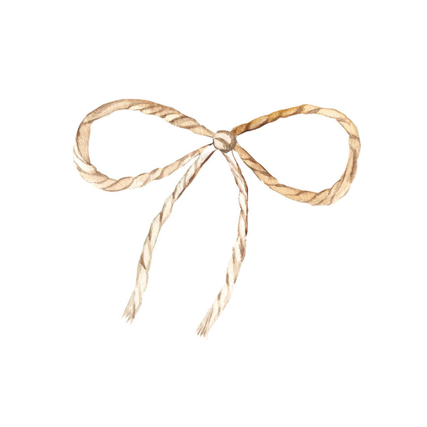 Джут-шнур, бабочка. Ручной рисунок акварельной веревки. Изолированный на белом фоне. Шпагат для перевязки букета. Сельский декор - Фото, изображение