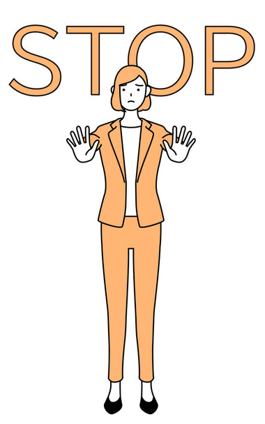 Einfache Linienzeichnung illustriert eine Geschäftsfrau im Anzug, die die Hand vor seinem Körper ausstreckt und damit einen Stopp signalisiert. - Vektor, Bild