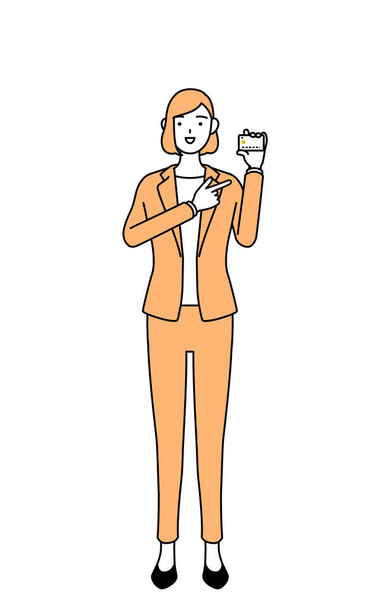 Einfache Linienzeichnung Illustration einer Geschäftsfrau in einem Anzug, die Kreditkartenzahlung empfiehlt. - Vektor, Bild