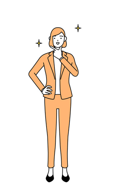 Jednoduchá čára kreslení ilustrace podnikatelky v obleku v sebevědomé póze. - Vektor, obrázek