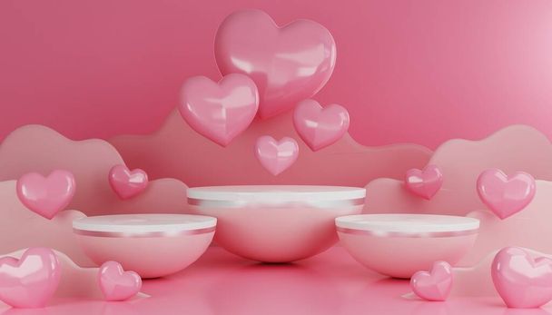  3d render Valentijnsdag met roze podium display voor product in liefde en hart met cilinder podium staan om cosmetische product te tonen op de achtergrond. - Foto, afbeelding
