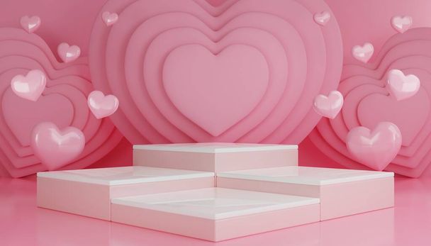  3d render Valentijnsdag met roze podium display voor product in liefde en hart met cilinder podium staan om cosmetische product te tonen op de achtergrond. - Foto, afbeelding