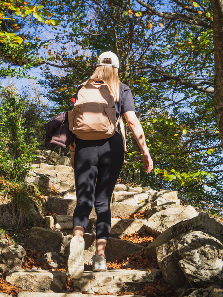 Lesní túry pěší turistka žena chůzi na podzim příroda pozadí v podzimní sezóně. Turistika aktivní lidé životní styl nošení batoh cvičení venku - Fotografie, Obrázek