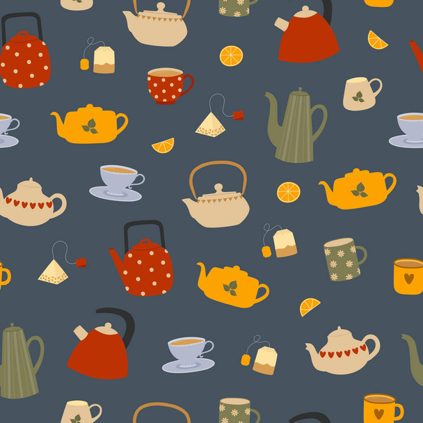 Seamless pattern of colorful teapots and cups on grey background. Kitchen utensil background. - Vector, Image