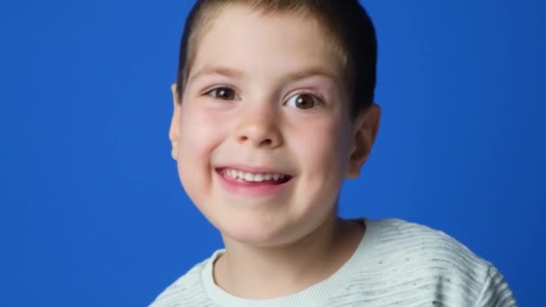 Un divertente ragazzo dell'asilo felice sorride e guarda nella fotocamera su uno sfondo blu - Filmati, video
