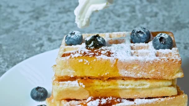 Belgian Waffles For Breakfast With Honey And Berries, Concept For Selling Breakfast Honey Berries Кадри високої якості 4k - Кадри, відео