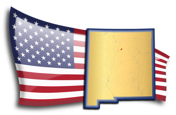 Mapa dorado de Nuevo México contra una bandera americana. - Vector, Imagen