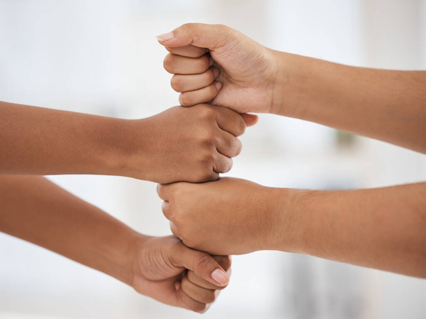 Fist bump, hands and team building for a mission, collaboration and business partnership goals with our vision. Teamwork, support and employees with commitment, motivation and handshake in a meeting. - Fotoğraf, Görsel