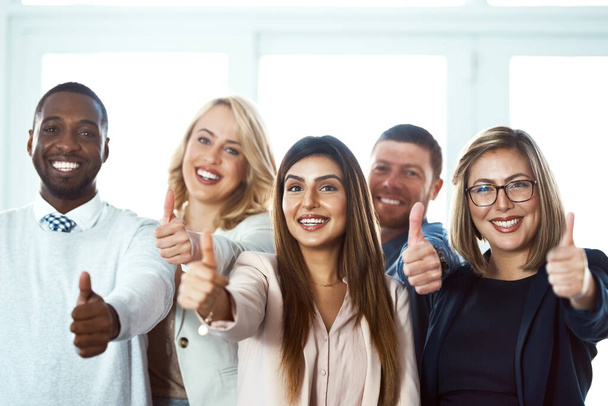 We made this company grow. Portrait of a group of confident work colleagues standing together while showing thumbs up against a white background - Foto, afbeelding