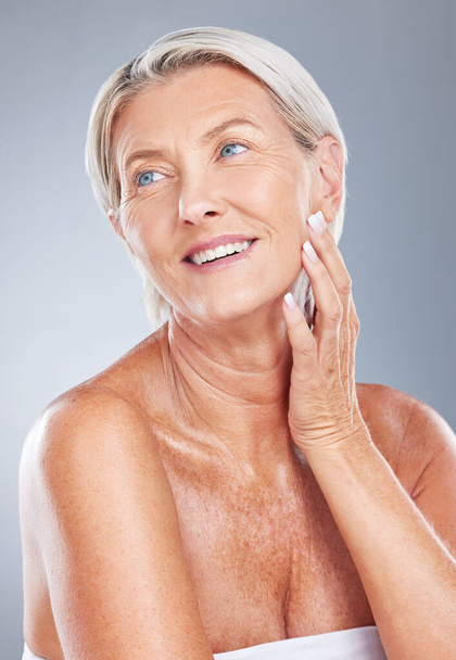 Senior, beauty skincare and model woman from Germany with healthy skin and wellness with a smile. Happy, cosmetic and dermatology of a elderly person face feeling happiness from anti aging treatment. - Фото, зображення