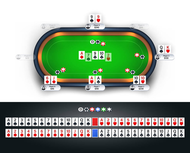 Isolated poker table with full deck of playing cards and poker chips. Texas Hold'em online game  concept illustration. Realistic poker table vector illustration. - Vector, Image