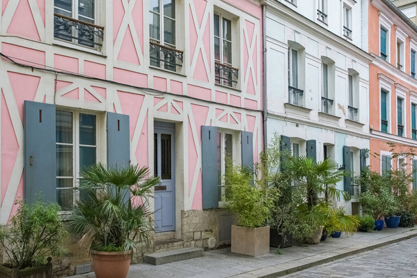 Paříž, barevné domy rue Cremieux, typická ulice v 12e arrondissement - Fotografie, Obrázek