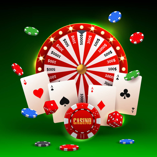 Casino concept met rood rad van fortuin, speelkaarten, dobbelstenen en vliegende chips op een groene achtergrond. Win, fortuin roulette. Gokken, toeval, vrije tijd, loterij, geluk. Vectorillustratie - Vector, afbeelding