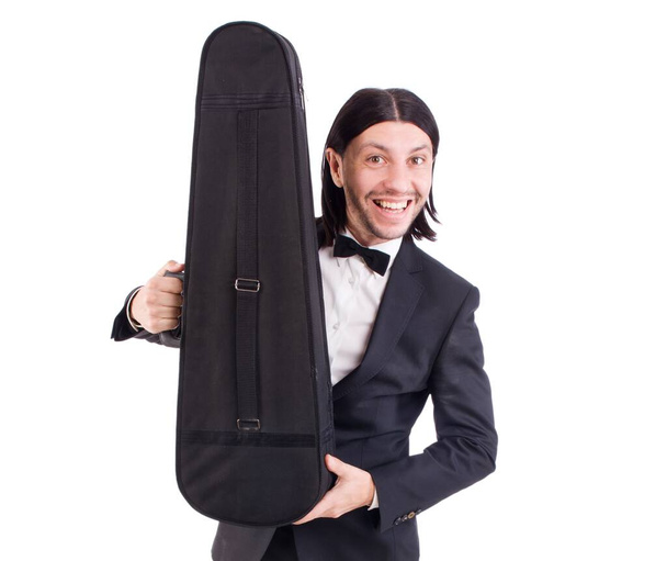 Man with violin case isolated on white - Φωτογραφία, εικόνα