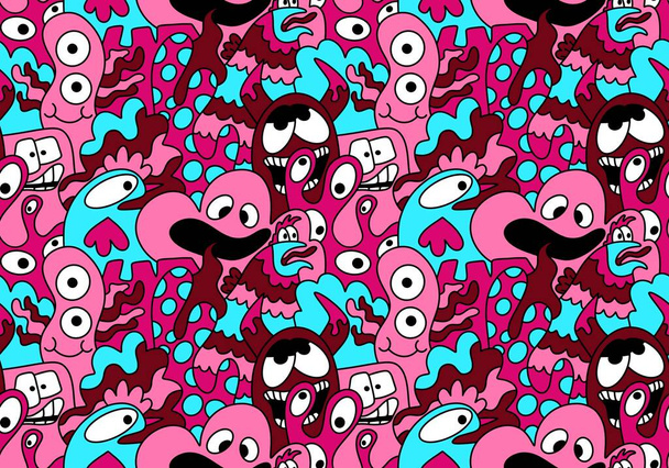 Cartoon doodle monsters seamless aliens and animals pattern for wrapping paper and fabrics and kids clothes print and linens and packaging. High quality illustration - Foto, Imagen