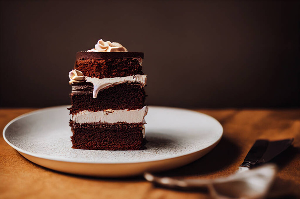 Illustration alimentaire - une tranche de délicieux gâteau au chocolat avec de la crème sur une assiette blanche. - Photo, image