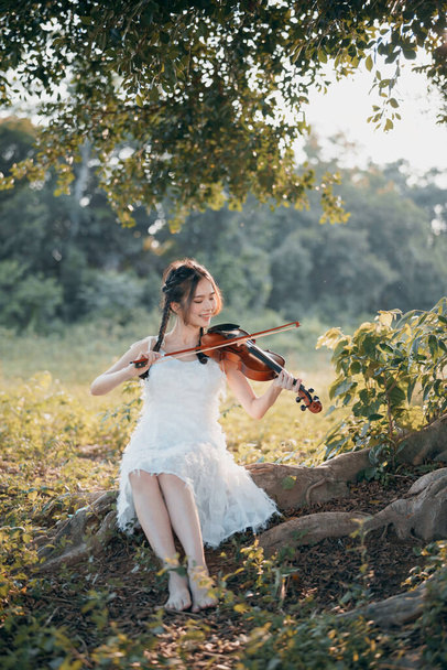 Το κορίτσι παίζει βιολί κάτω από το μεγάλο δέντρο. - Φωτογραφία, εικόνα