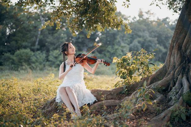 The girl is playing the violin under the big tree - 写真・画像